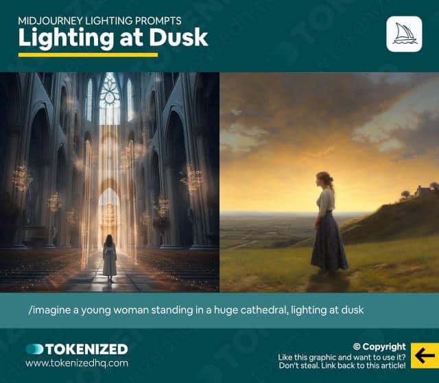 Infographic showing examples of the "dusk" Midjourney lighting prompt.