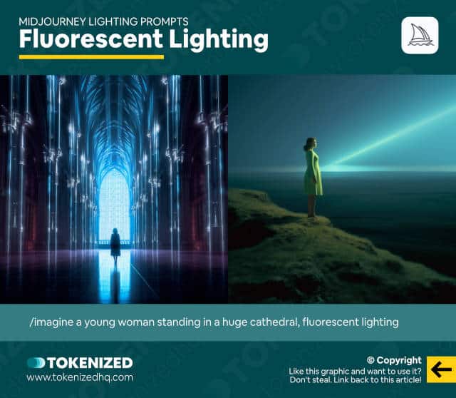 Infographic showing examples of the "fluorescent" Midjourney lighting prompt.