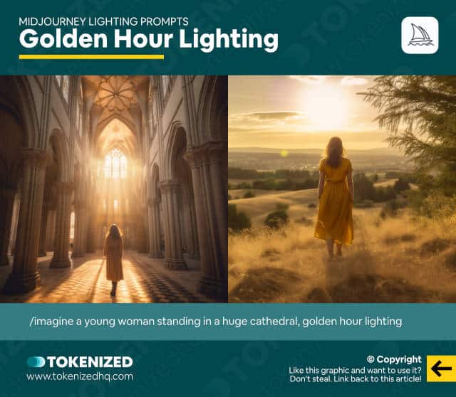 Infographic showing examples of the "golden hour" Midjourney lighting prompt.