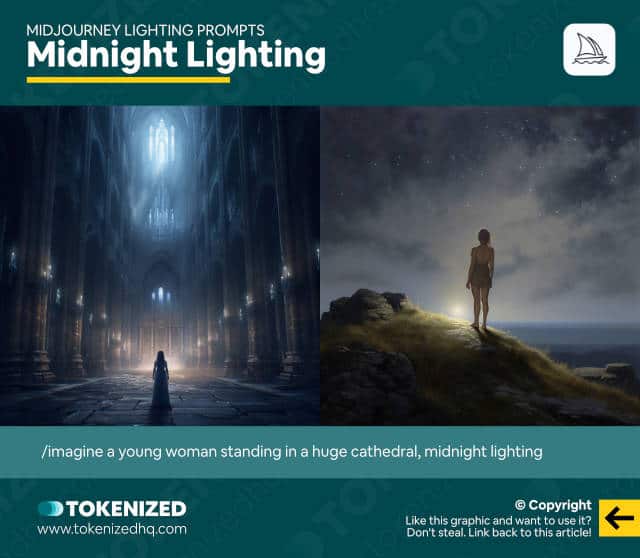 Infographic showing examples of the "midnight" Midjourney lighting prompt.