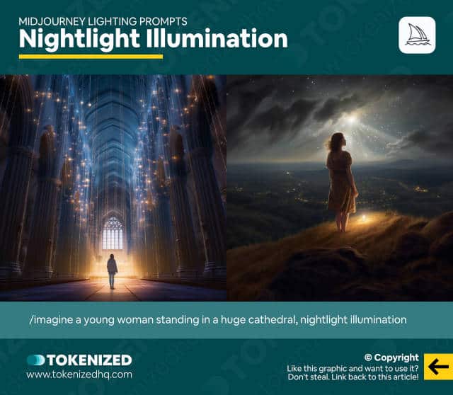 Infographic showing examples of the "nighlight" Midjourney lighting prompt.