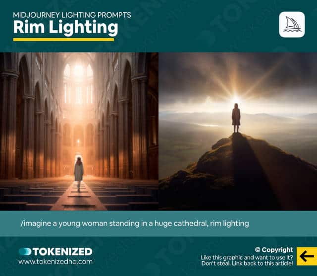 Infographic showing examples of the "rim" Midjourney lighting prompt.